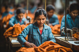 Fast fashion industry. Indian worker woman people sewing clothes at textile factory. Ai generative