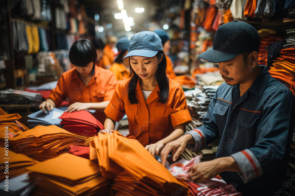 Fast fashion industry. Asian people working at textile factory. Ai generative
