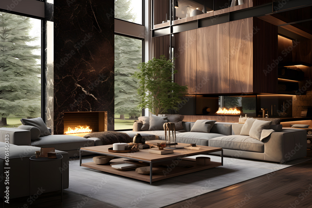 Sofa and a fire place in the living room, in the style of luxurious