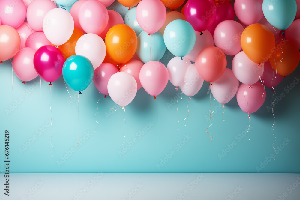 Colorful Birthday Balloons on Blue Background Copy Space, Creating a Festive Atmosphere for Your Personalized Greetings and Special Celebrations Colorful Birthday Balloons on Blue Background Copy Space, Creating a Festive Atmosphere for Your Personalized Greetings and Special Celebrations