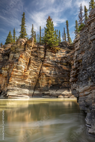 The Athabasca River's tranquil banks in Jasper National Park
