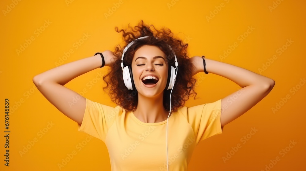Joyful young women in wireless headphones and enjoy music, having fun, listening to music, raising his arm, dancing to favorite song, enjoying cool soundtrack, happy life. Joyful young women in wireless headphones and enjoy music, having fun, listening to music, raising his arm, dancing to favorite song, enjoying cool soundtrack, happy life.