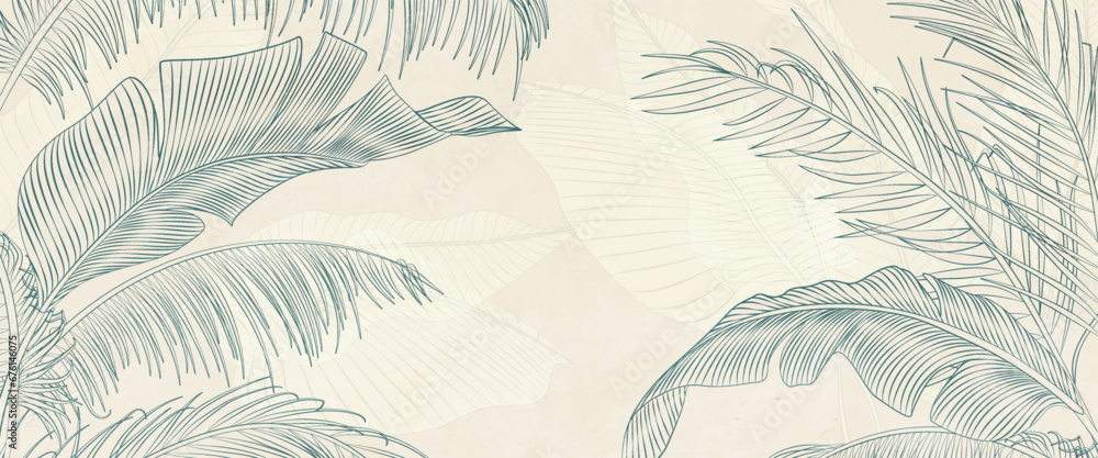 Abstract botanical art background with tropical palm leaves hand drawn in line art style. Vector banner with exotic plants for the design of wallpaper, textiles, print, interior. - obrazy, fototapety, plakaty 