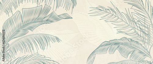 Abstract botanical art background with tropical palm leaves hand drawn in line art style. Vector banner with exotic plants for the design of wallpaper, textiles, print, interior. © VectorART