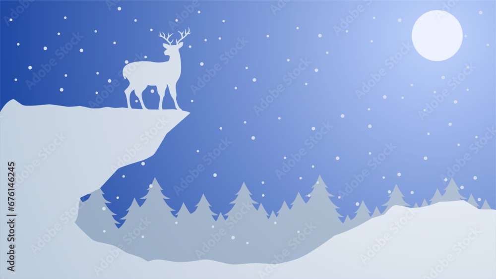 Fototapeta premium Wildlife in winter landscape vector illustration. Silhouette of reindeer at pine forest in cold season. Winter wildlife landscape for background, wallpaper or landing page