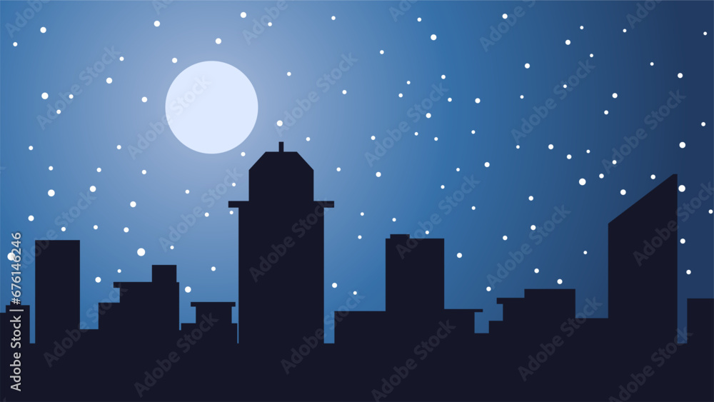 Winter season city landscape vector illustration. Urban silhouette of skyline building at night in cold season. Winter cityscape landscape for background, wallpaper or landing page