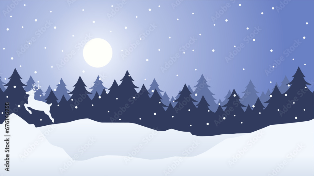 Fototapeta premium Winter pine forest landscape vector illustration. Silhouette of coniferous in cold season. Pine forest landscape for background, wallpaper or landing page