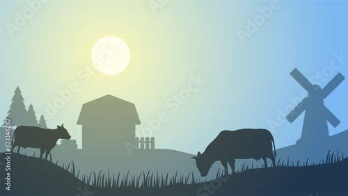 Countryside landscape vector illustration. Farm silhouette landscape with livestock  farmhouse and cow. Rural scenery silhouette for background  wallpaper or landing page
