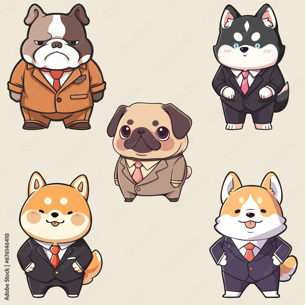 set of five cute dogs wearing suits. English bulldog, husky, pug, shiba inu and corgi