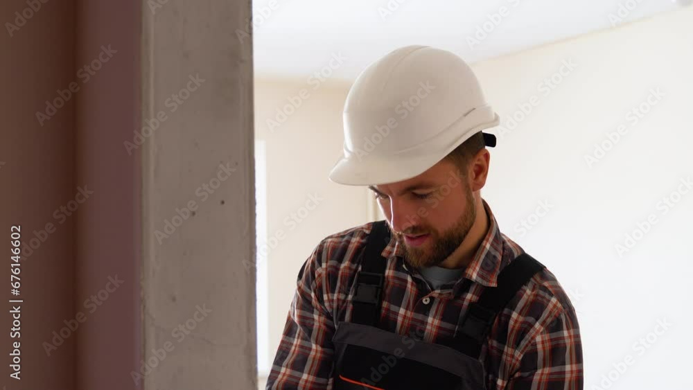 Worker painting a wall, with a hard hat and gloves on, using a paint roller Worker painting a wall, with a hard hat and gloves on, using a paint roller
