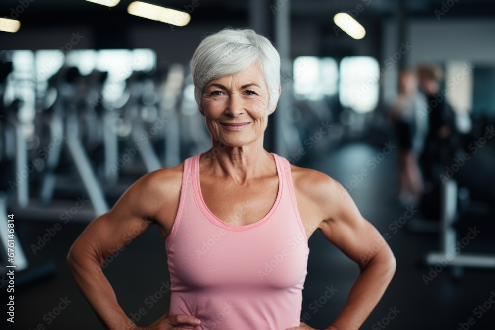 A fitness older woman posing for a photo in the gym. Generative AI