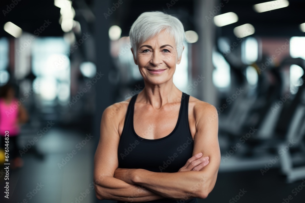 A fitness older woman posing for a photo in the gym. Generative AI