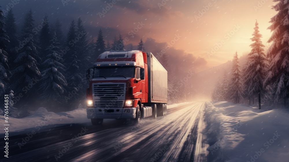 A semitruck is driving along a snowy road in the winter. Generative AI
