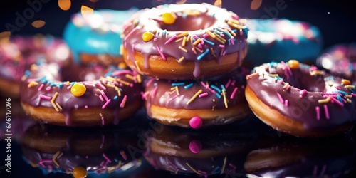 Colorful donuts are lying in the dark. Generative AI