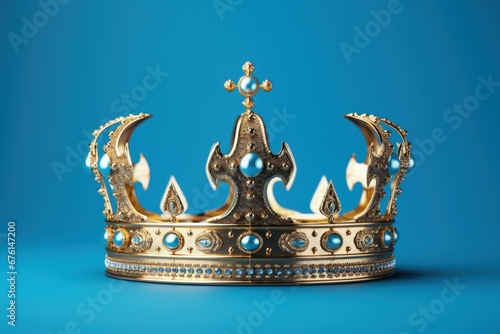 Golden crown isolated on blue background. Generative AI