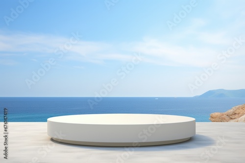 White round table in a round shape sitting on a stone pedestal. Generative AI