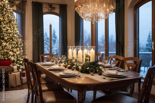 Mesa decorada de natal, elegante, com velas em uma sala com janelas de vidro e um lustre  photo