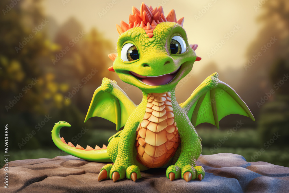 Fototapeta premium a cute adorable smiling baby dragon lizard 3D Illustation in the style of children-friendly cartoon animation fantasy style, symbol of new year 2024, chinese new year
