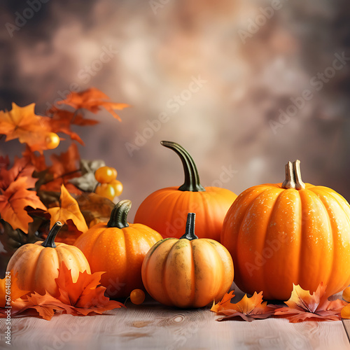 Orange pumpkins and fall leaves Generative AI