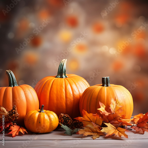 Orange pumpkins and fall leaves Generative AI 