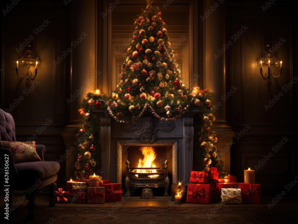 A fireplace with presents and a christmas tree. Generative AI. A fireplace with presents and a christmas tree. Generative AI.