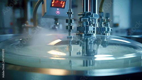 Closeup of a large mixing tank, showing the swirling motion of the liquid detergent being blended. The tank is equipped with various meters and gauges to monitor temperature, pressure, and