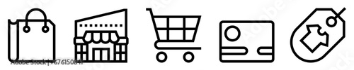 Conjunto de iconos de centro comercial. Comercio. Bolsa y carrito de compras, tarjeta de crédito, etiqueta del producto. Ilustración vectorial