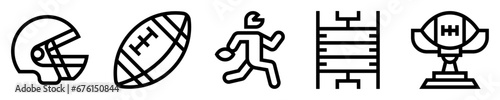 Conjunto de iconos de fútbol americano. Deporte. Casco, balón, jugador, campo de juego, trofeo de campeones. Ilustración vectorial