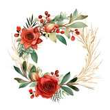 Watercolor illustration. Christmas wreath with winter florals, roses, holly berries, branches, leaves. Isolated on white background. Greeting card design. Clip art elements. 