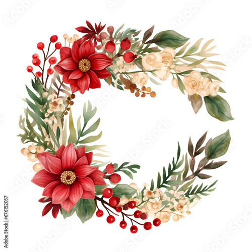 Watercolor illustration. Christmas wreath with red poinsettia, holly berries, leaves. Isolated on white background. Greeting card design. Clip art elements. Holiday festive.