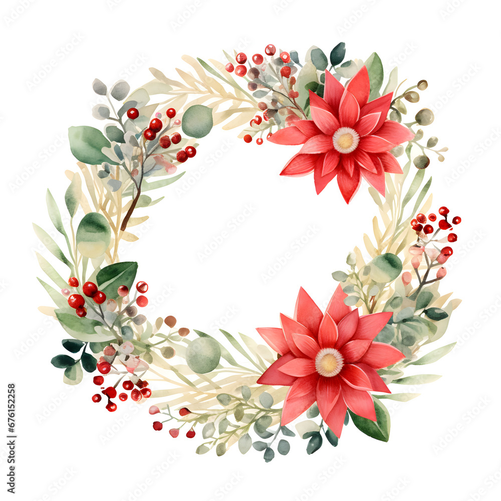 Watercolor illustration. Christmas wreath with red poinsettia, holly berries, leaves. Isolated on white background. Greeting card design. Clip art elements. Holiday festive.