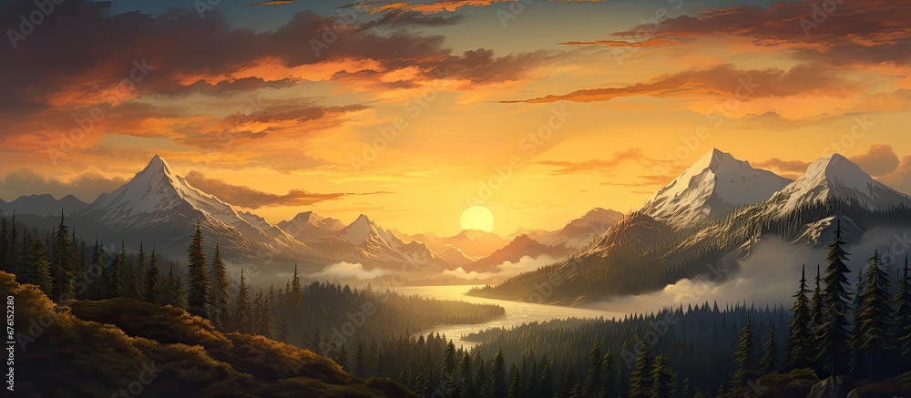In the summer while travelling the golden light cast a radiant glow on the landscape a picturesque forest against the backdrop of the orange sun painted across the sky with the majestic mou