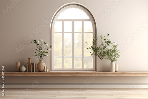 Empty interior room with white wooden furniture, bookshelf, flower, vase plant on table, white walls, arched window, in the style of muted earth tones