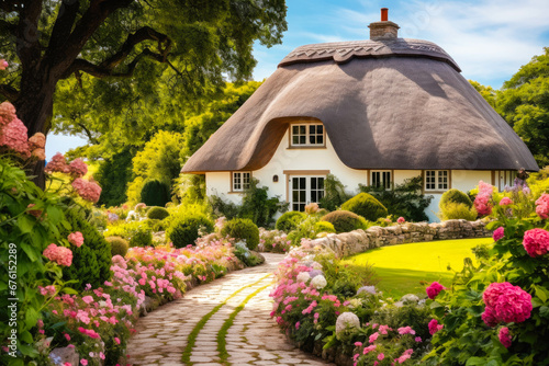 Cottagecore styled house with thatched roof and beautiful garden on a sunny day photo