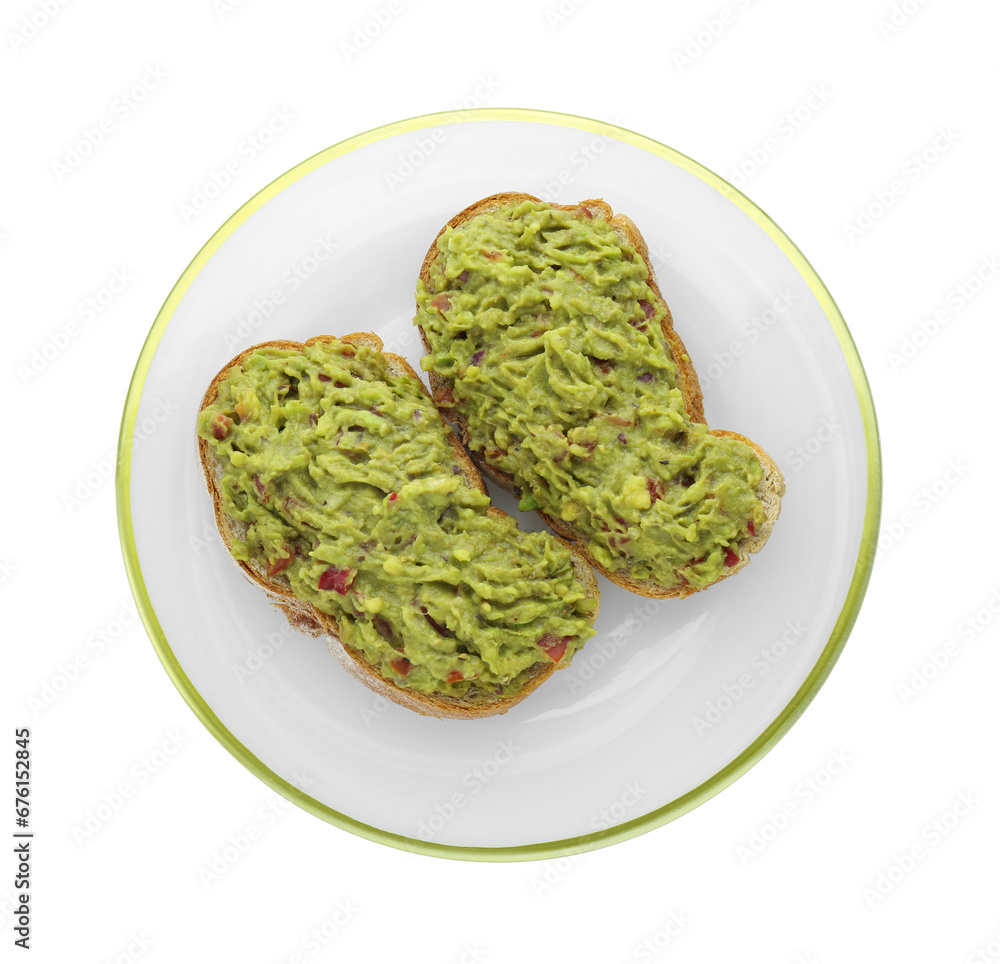 Delicious sandwiches with guacamole isolated on white, top view Delicious sandwiches with guacamole isolated on white, top view