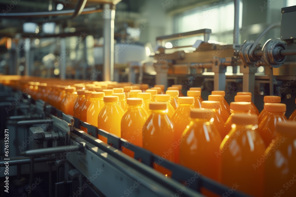 Fototapeta premium A modern, automated factory assembly line, showcasing the precise process of bottling fresh orange juice.