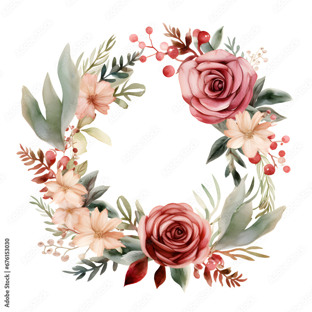 Watercolor illustration. Christmas wreath with pink roses, white flowers, holly berries, roses, leaves. Isolated on white background. Greeting card design. Clip art elements. Holiday festive.