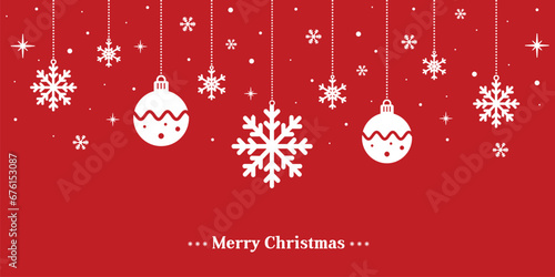 Minimalist holiday card with a red background, featuring white snowflakes of various designs and Christmas ornaments. photo