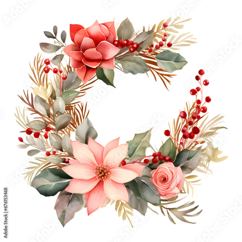 Watercolor illustration. Christmas wreath with red and pink poinsettia, rose, holly berries, leaves. Isolated on white background. Greeting card design. Clip art elements. Holiday festive.