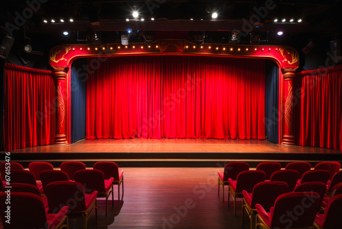 Empty stage of a comedy club with open mic, waiting for performers, chairs setup for audience, theater atmosphere reigns. Nobody photo