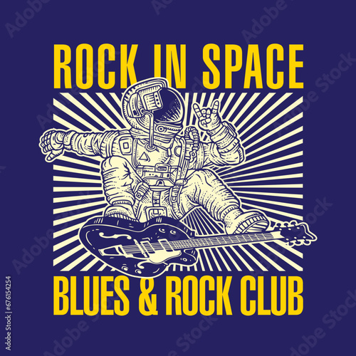 Astronaut Guitar Surfing in Space Hand Drawing Vector Illustration Blues and Rock Club Design