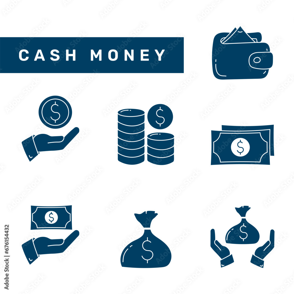Cash money flat icon set. Doodle Cash money icon collections. Cash money flat icon set. Doodle Cash money icon collections.
