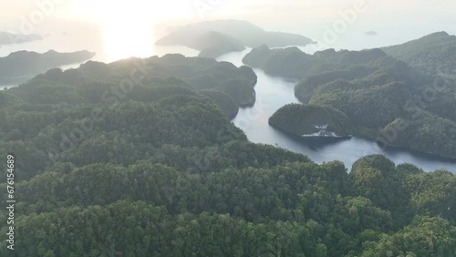 Rugged, jungle-covered islands surround a calm channel in Alyui Bay, Raja Ampat. This scenic area is known as the heart of the Coral Triangle due to its incredible marine biodiversity. photo