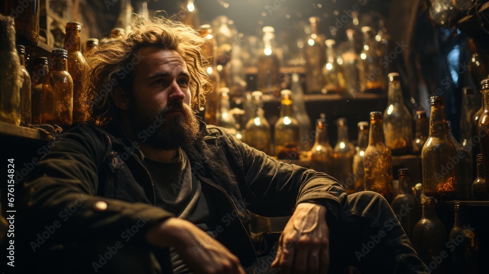 Obraz premium A man surrounded by empty alcohol bottles. Generative AI.