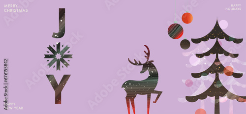 Merry Christmas and Happy New Year greeting card. Modern Xmas design with christmas tree, balls and reindeer. Xmas concept for invitation, poster, banner, social media, cover template.