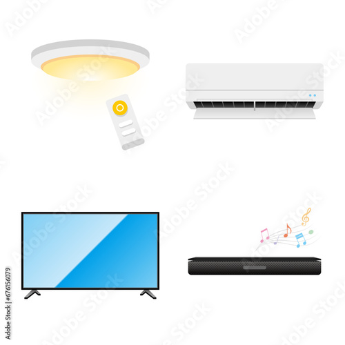 いろいろな家電のセット_シーリングライト,エアコン,テレビ,サウンドバー