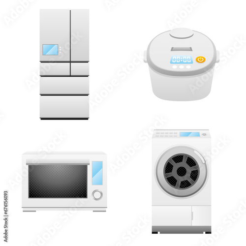 いろいろな家電のセット_冷蔵庫,炊飯器,電子レンジ,ドラム式洗濯機