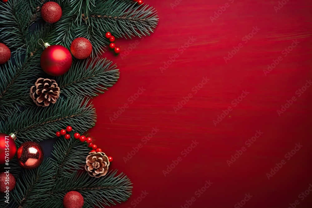 flat view christmas fir branches and decorative little giftbox red and white balls on Red background