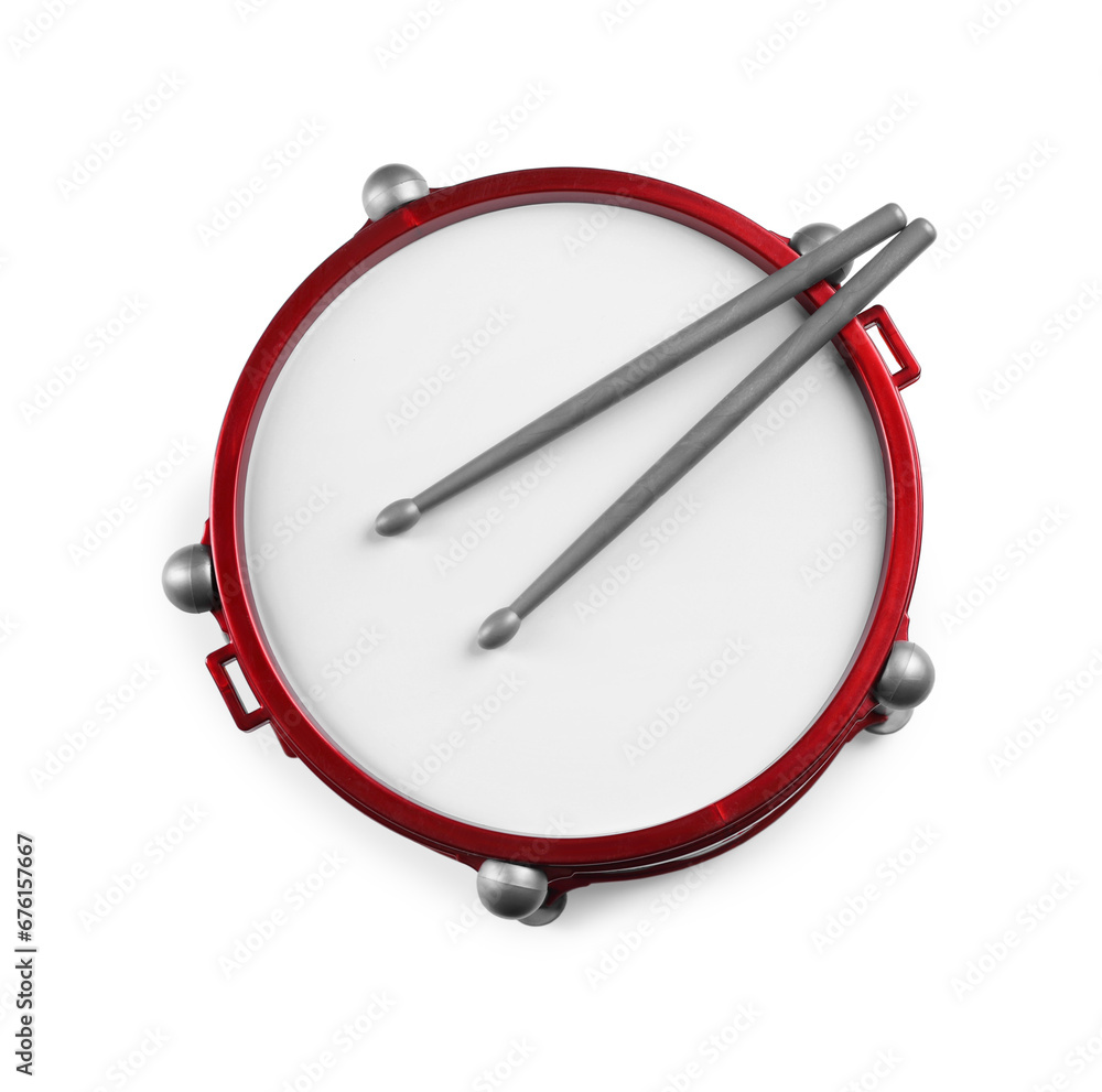 Drum with sticks isolated on white, top view Drum with sticks isolated on white, top view