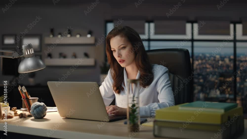 Stressed lady feeling headache having overtime office night closeup. Tired woman Stressed lady feeling headache having overtime office night closeup. Tired woman